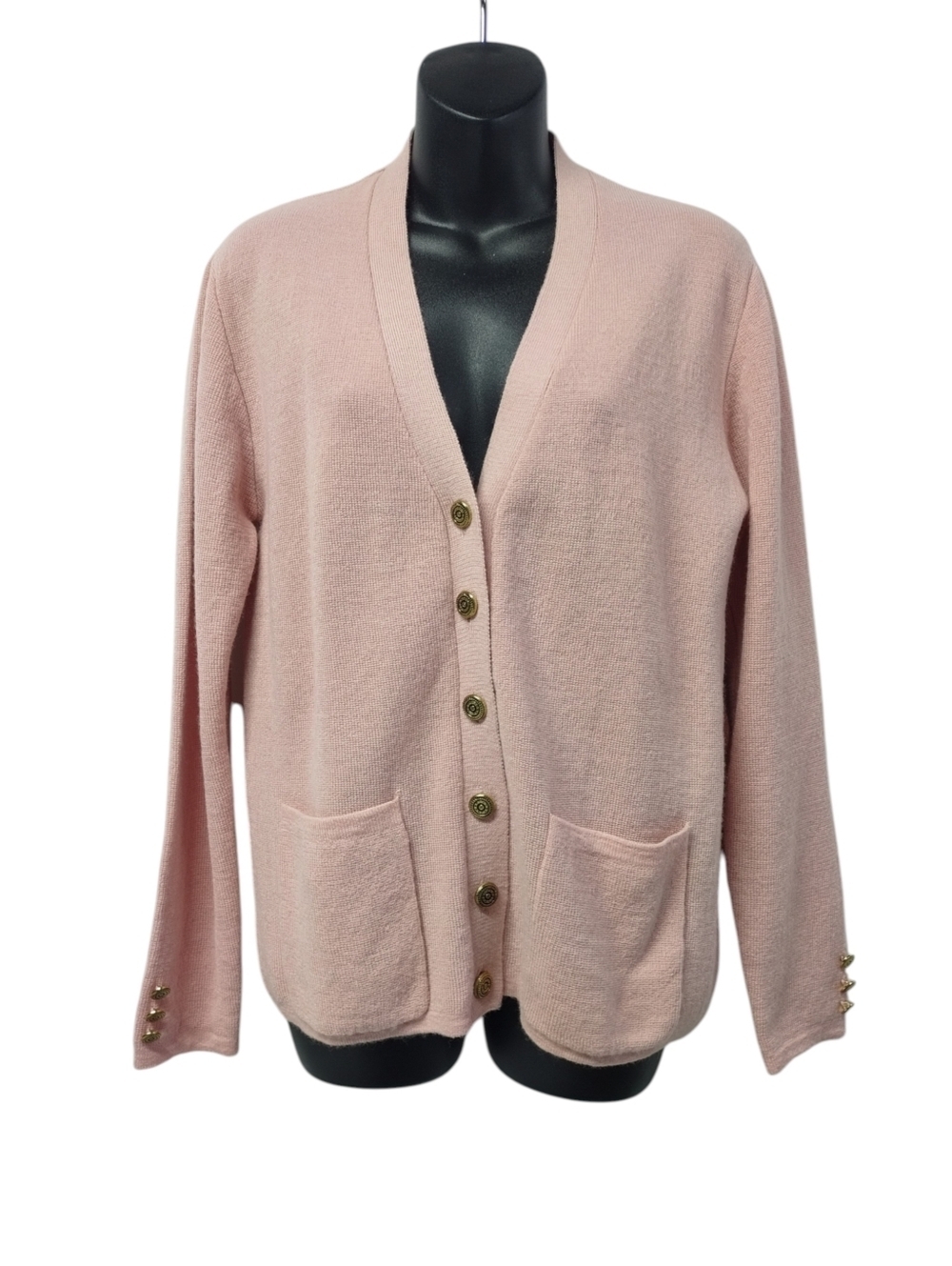 Damart Wns Pink Wool Blend Gold Button Cardigan Sweater Size 6/8 V-Neck Pockets